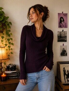 Its Our Time Size Medium Purple Cowl Neck Lightweight Sweater